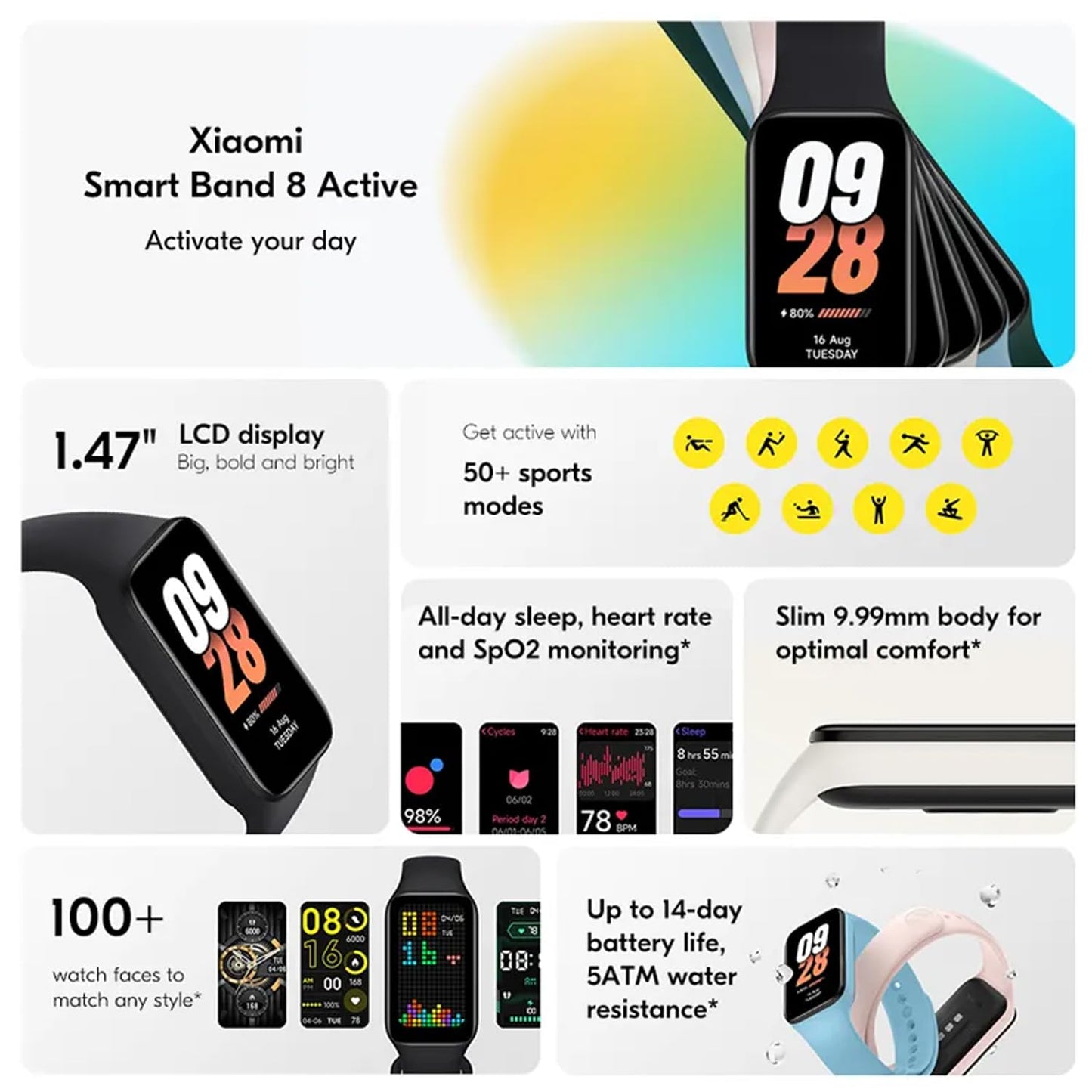 Xiaomi Smart Band 8 Active Fitness Tracker & Activity Tracker with 1.47" LCD Display, 14-Day Battery Life, Blood Oxygen, Heart Rate, Sleep & Stress Monitoring, Fitness Watch for Men Women