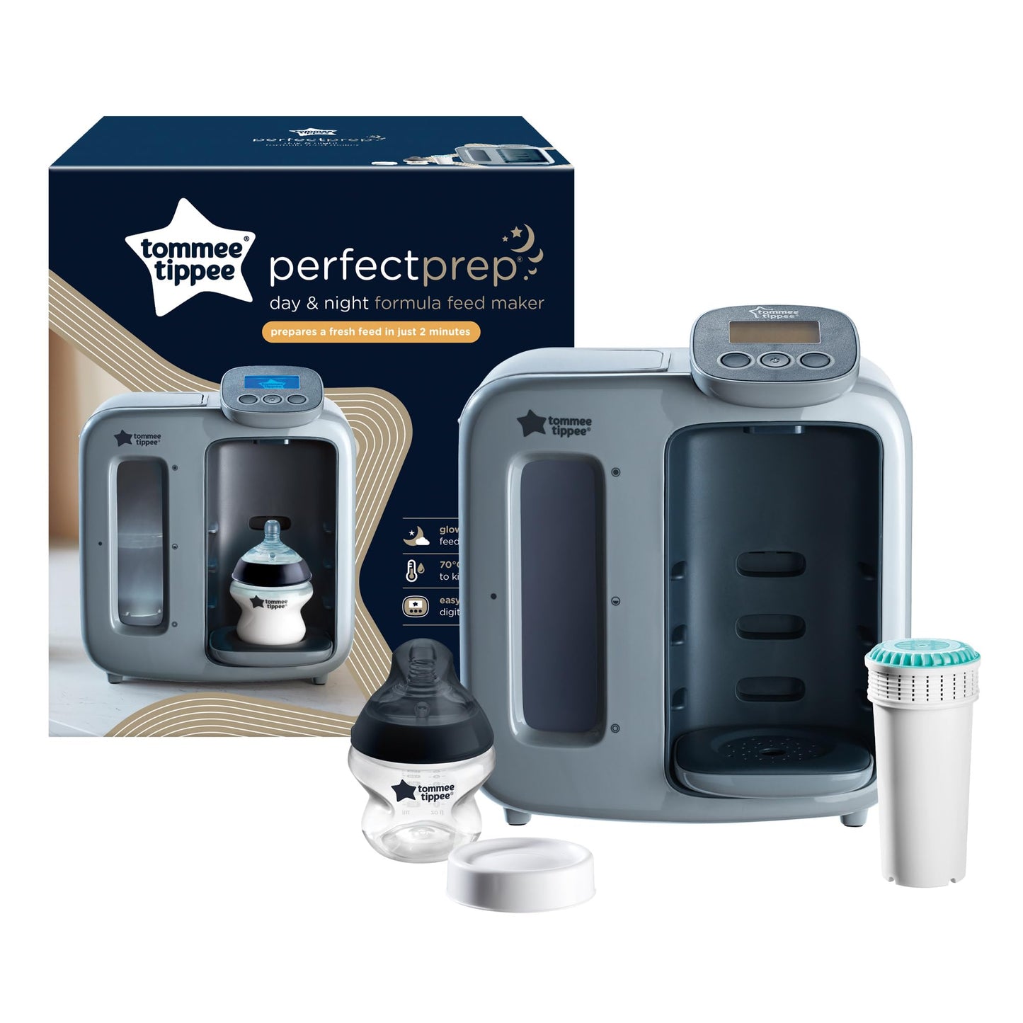 Tommee Tippee Perfect Prep Day & Night, Grey, Baby Bottle Formula Feed Maker with Antibacterial Filter, Digital Display and Adjustable Volume