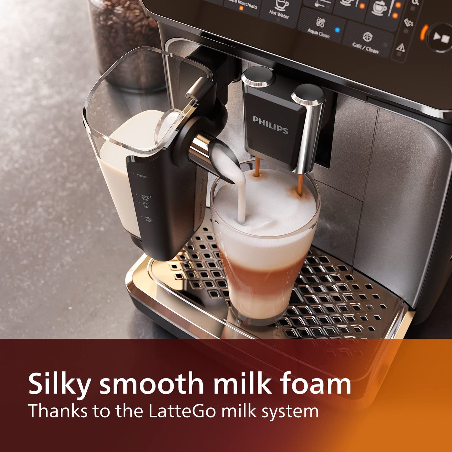 PHILIPS 3200 Series Bean-to-Cup Coffee Machine - LatteGo Milk System, 5 Coffee Varieties, Intuitive Touch Display, 100% Ceramic Grinders, Silver (EP3246/70)