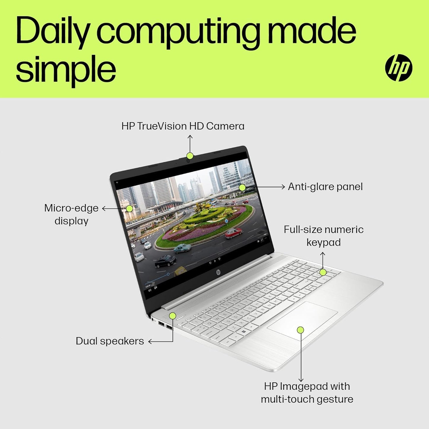 HP Laptop PC 15s-fq5585sa | Intel Core i3-1215U Processor | 8GB RAM | 128GB SSD | Intel UHD Graphics | 15.6 inch Full HD 16:9 display | Windows 11 Home | Natural Silver