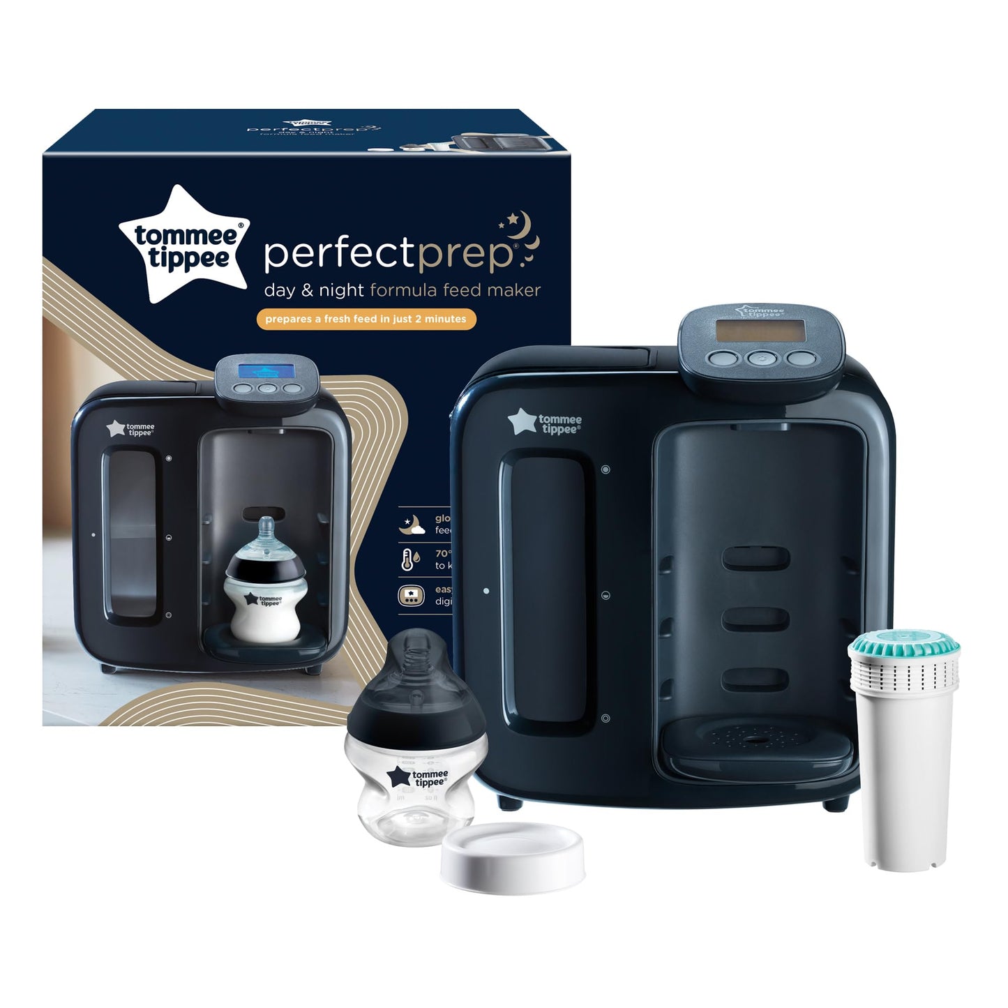 Tommee Tippee Perfect Prep Day & Night, Grey, Baby Bottle Formula Feed Maker with Antibacterial Filter, Digital Display and Adjustable Volume