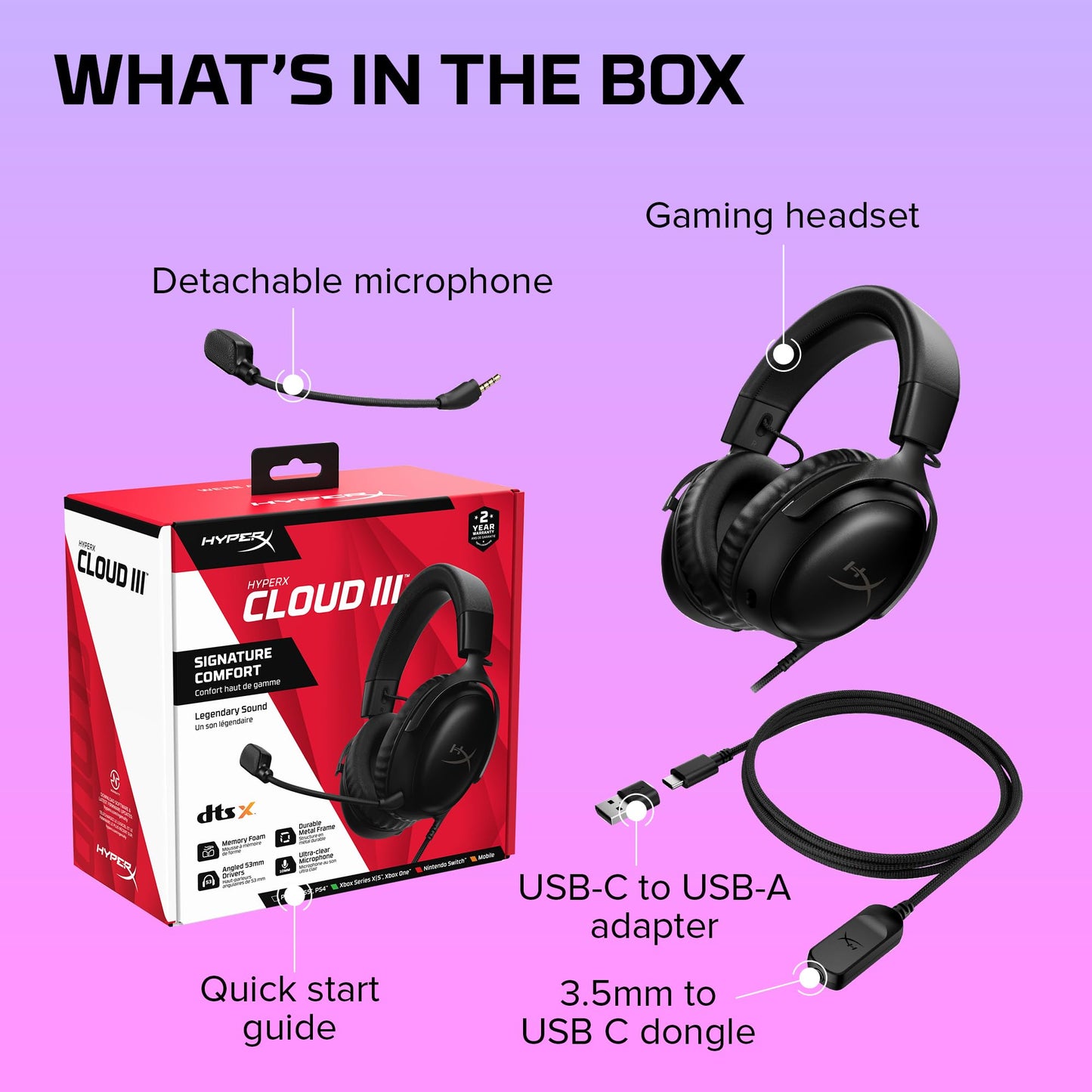 HyperX Cloud III – Wired Gaming Headset, PC, PS5, Xbox Series X|S, Angled 53mm Drivers, DTS, Memory Foam, Durable Frame, Ultra-Clear 10mm Mic, USB-C, USB-A, 3.5mm