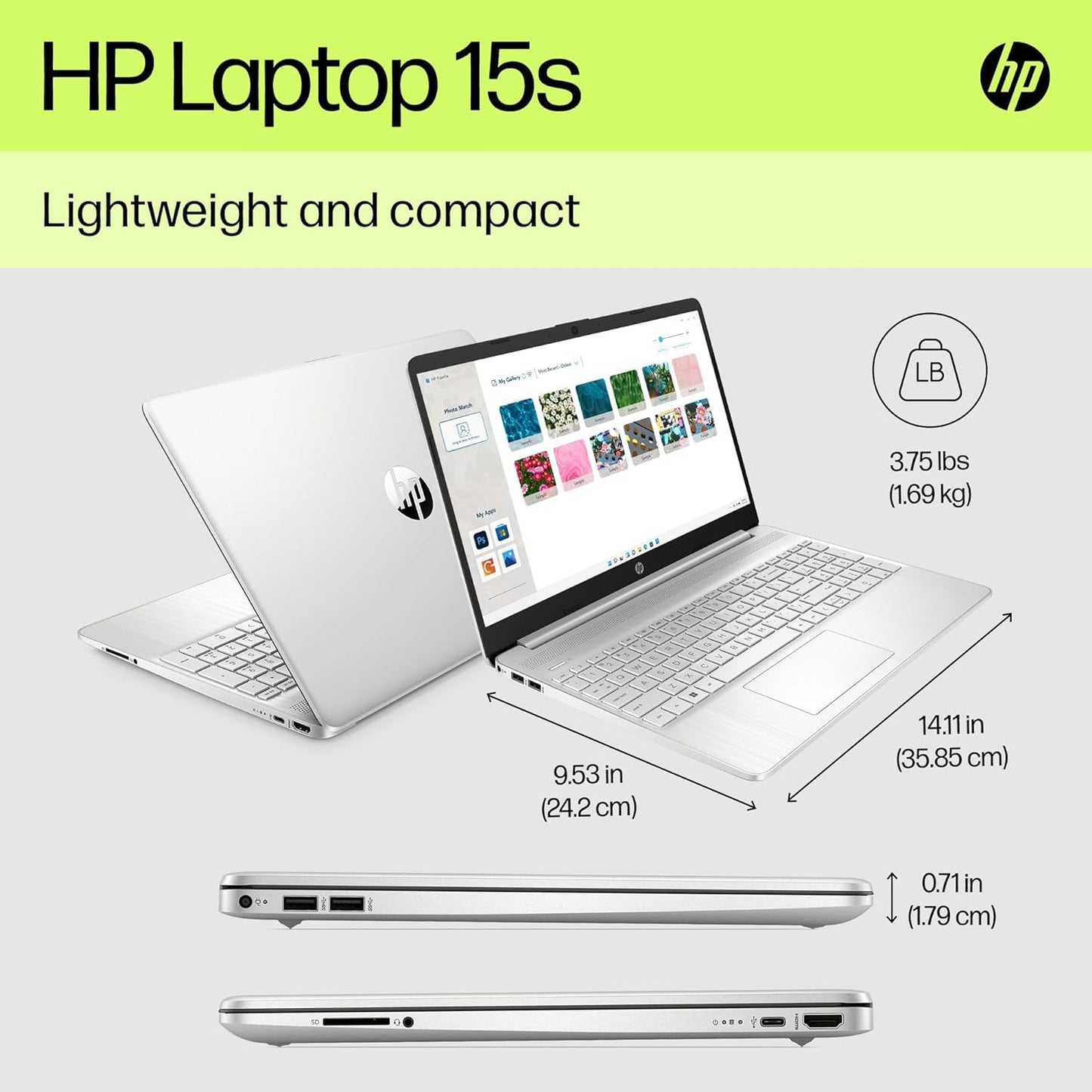 HP Laptop PC 15s-fq5585sa | Intel Core i3-1215U Processor | 8GB RAM | 128GB SSD | Intel UHD Graphics | 15.6 inch Full HD 16:9 display | Windows 11 Home | Natural Silver