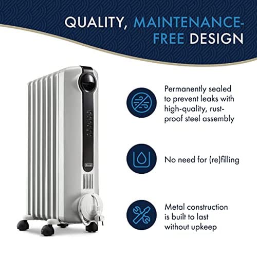 De'Longhi Radia S Oil filled Radiator for Rooms up to 60m3, Anti-frost and ECO Functions, LED Display, Timer and Safety Thermostat, with Handle and Castors, 2000W, Grey TRRS0920E.G