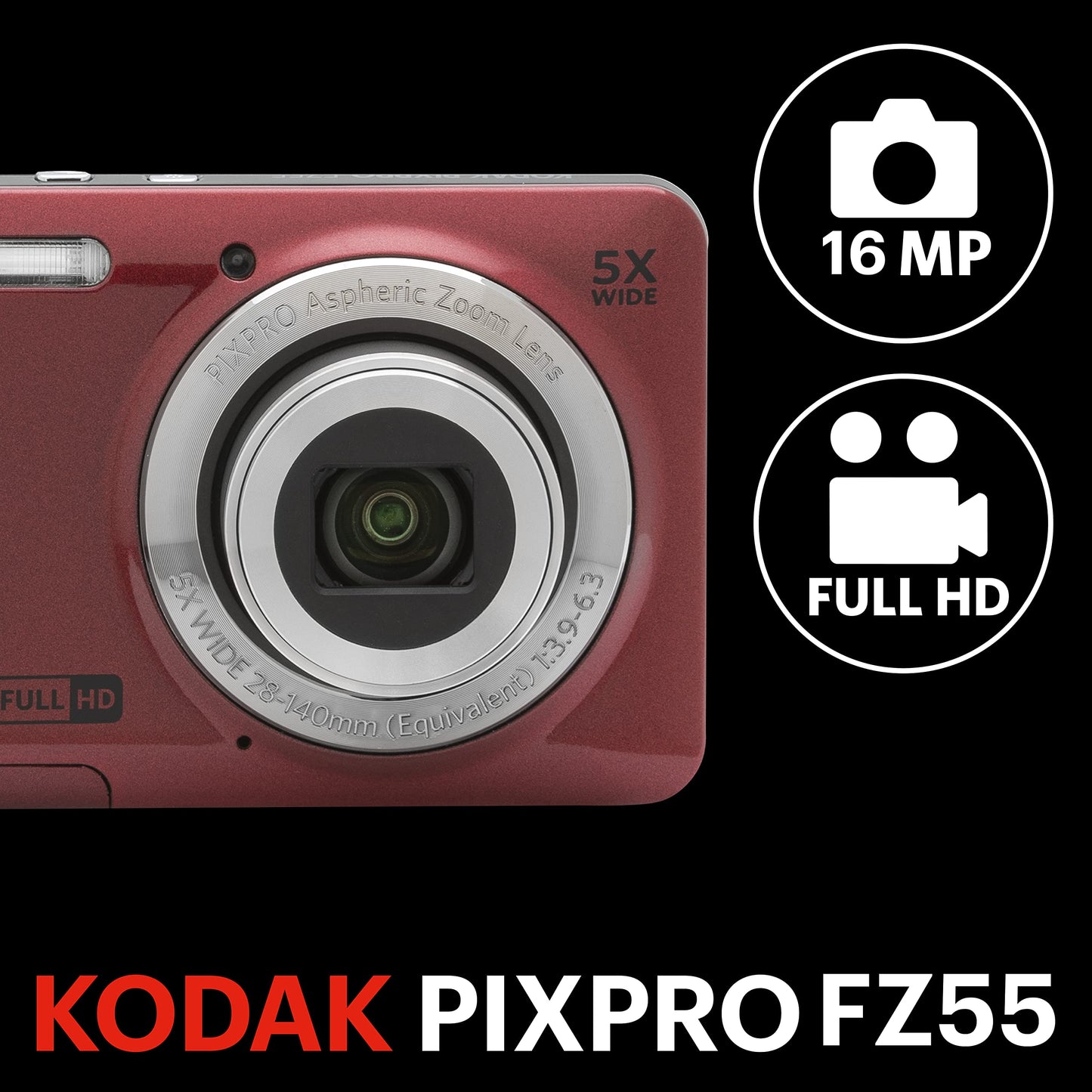 KODAK PIXPRO Friendly Zoom FZ55-BK 16MP Digital Camera with 5X Optical Zoom 28mm Wide Angle and 2.7" LCD Screen