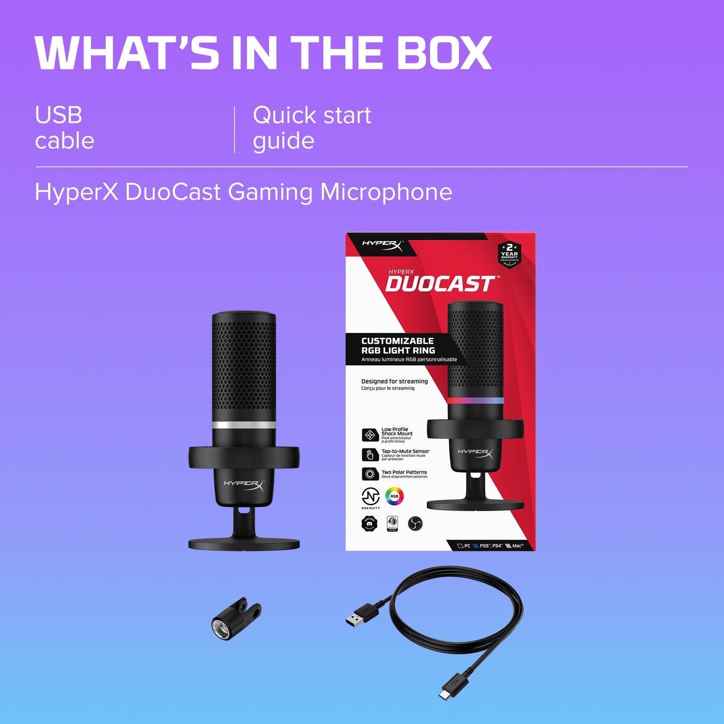 HyperX DuoCast – RGB USB Condenser Microphone for PC, PS5, PS4, Mac, Low-Profile Shock Mount, Cardioid, Omnidirectional, Pop Filter, Gain Control, Gaming, Streaming, Podcasts, Twitch