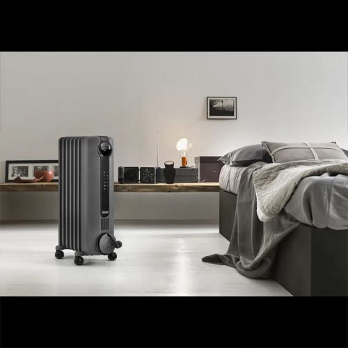 De'Longhi Radia S Oil filled Radiator for Rooms up to 60m3, Anti-frost and ECO Functions, LED Display, Timer and Safety Thermostat, with Handle and Castors, 2000W, Grey TRRS0920E.G