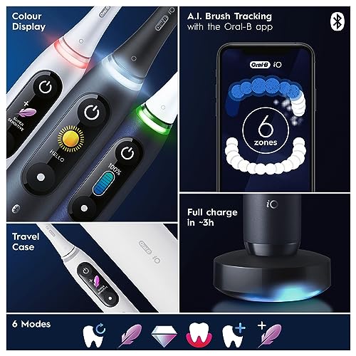 Oral-B iO8 Electric Toothbrushes for Adults, Gifts for Women/Men, App Connected Handle, 3 Toothbrush Heads, Travel Case & Toothbrush Head Holder, 6 Modes, 2 Pin UK Plug, Violet, Oral B IO Toothbrush
