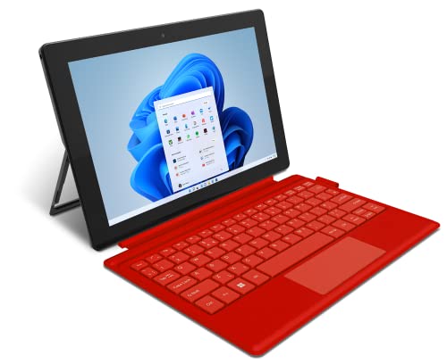 GEO Pad 110 10-inch 2-in-1 Detachable Laptop Tablet with Keyboard, 128GB eMMC, Full HD Touchscreen, Windows 11 - Strawberry Red